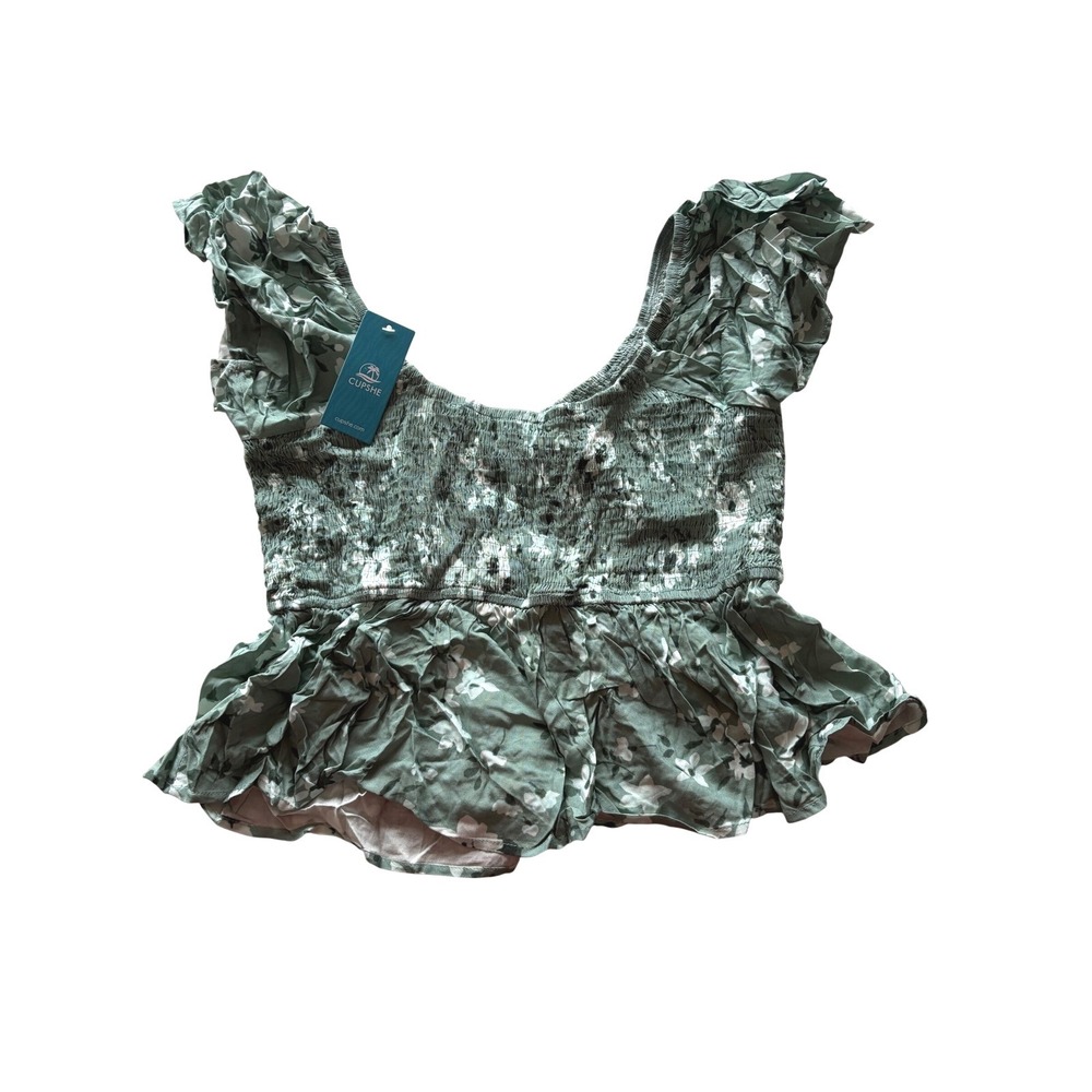 Cupshe Green Floral Smocked Peplum Top Ruffle Sleeve Blouse‎ NWT Small
